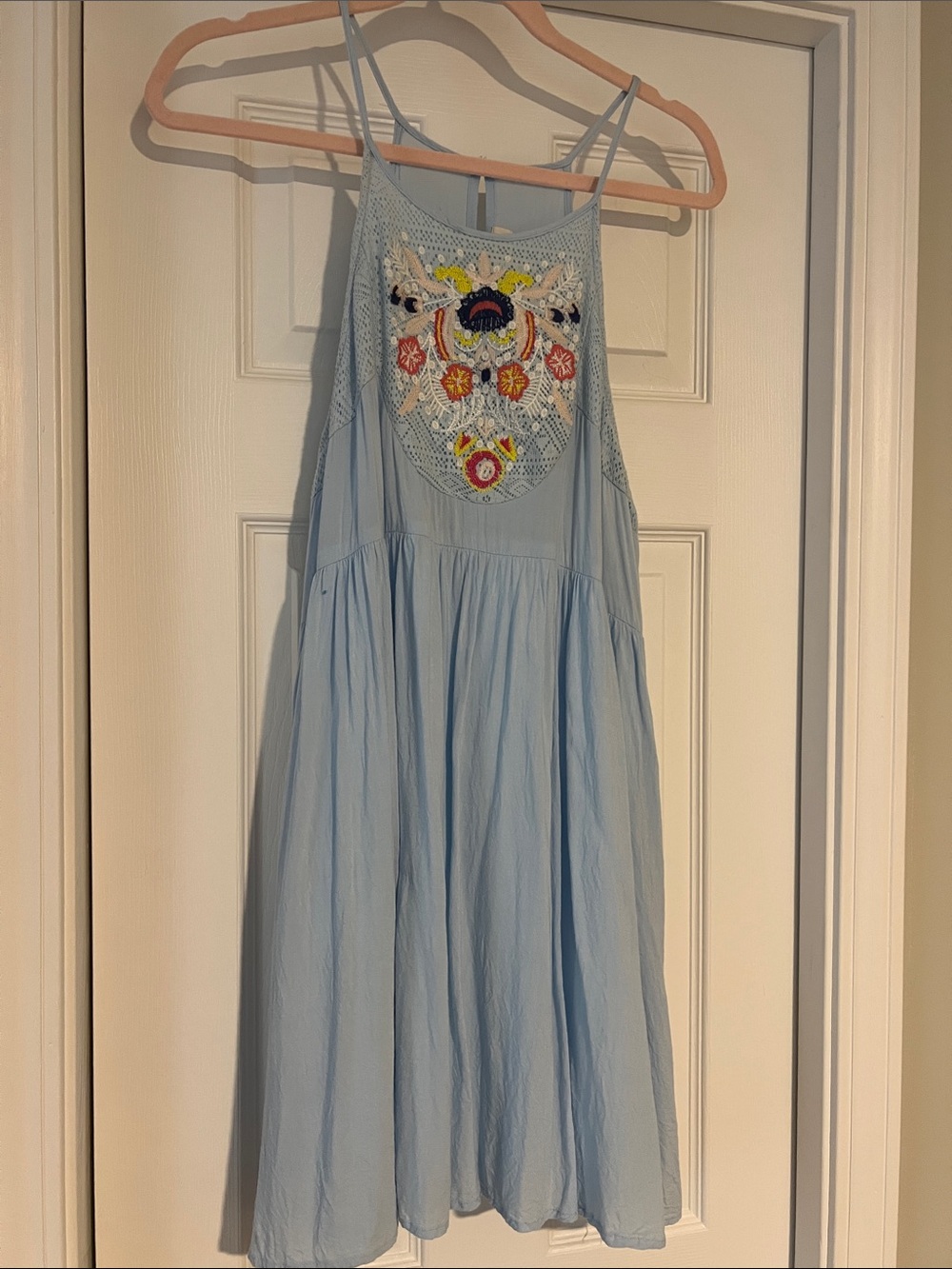 entro Sky-Blue Embroidered Spaghetti-Strap Sundress